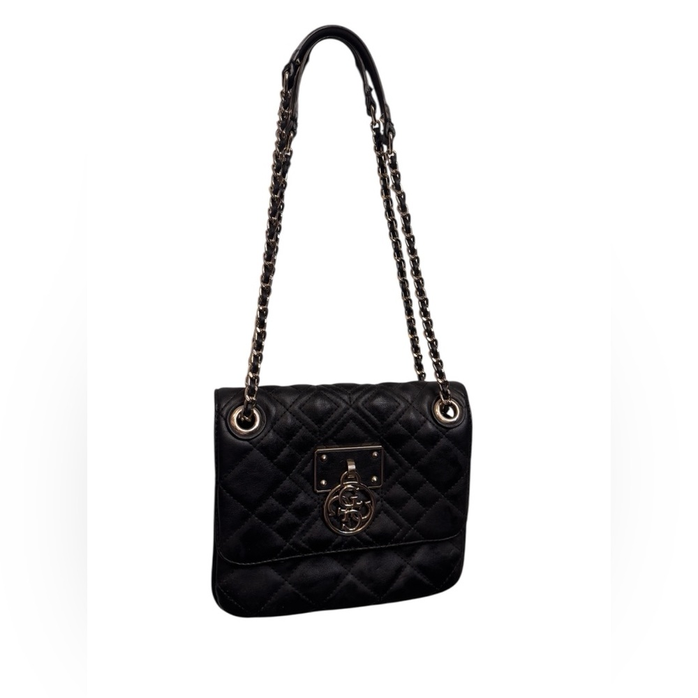 Guess Black Small Quilted Flap Chain Shoulder Bag Gold Tones Magnetic Closure